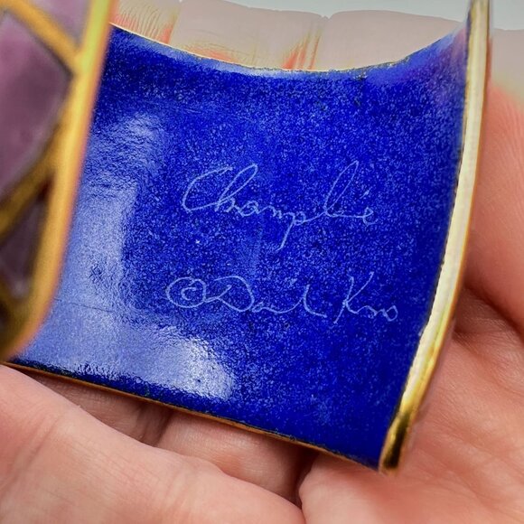 Vintage Artisan David Kuo Champleve Enamel Cuff Bracelet Pink Abstract 6.5 Inch - Picture 2 of 5